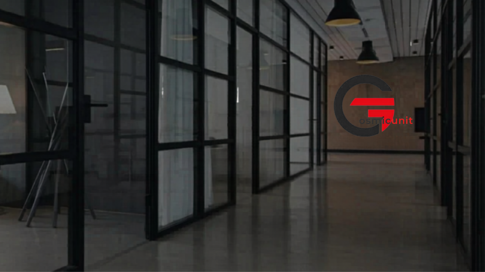 Modern office background with CosmicGunit wall logo