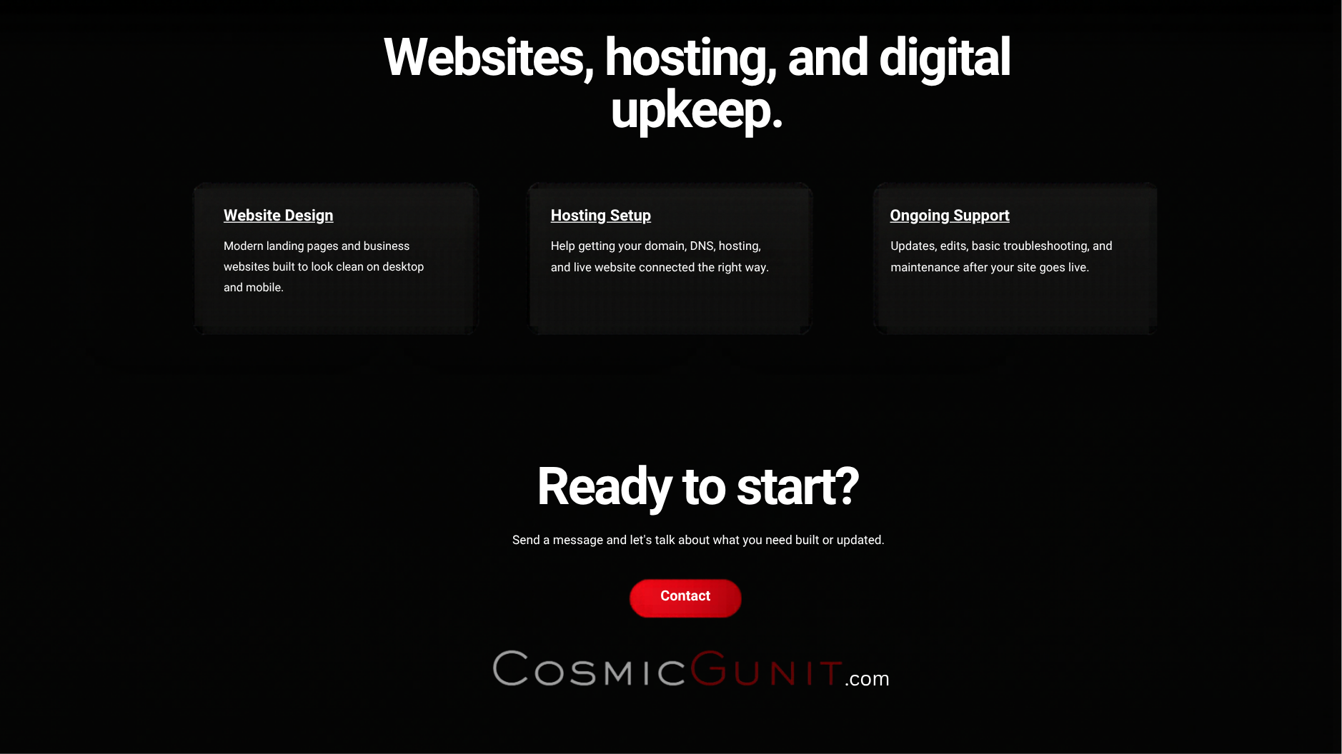 Websites, hosting, and digital upkeep. Website Design, Hosting Setup, Ongoing Support, and Contact button.